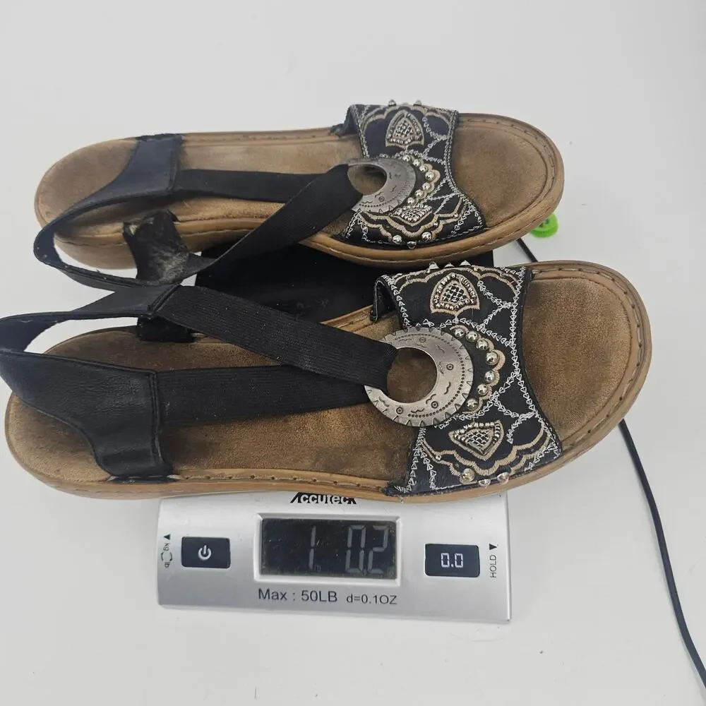 Y2K Rieker Beaded Black Embroidered Strappy Sandals Boho Silver Emblem EU 40 9.5